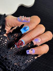 10pcs/Pack Handmade Square Nail Art Decals With Rhinestones, Multi-Color Tie Dye Gradient 3D Nail Stickers With Creative Y2K Design, Full Cover Artificial Glossy False Nails - Multicolor - View 4