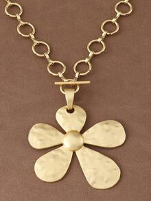 1 件时尚哑光金色/银色大号锤纹花朵吊坠粗链个性项链适合女性日常佩戴 18 英寸 + 2 英寸延长链