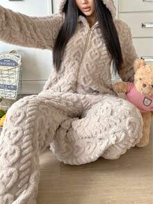 1pc Women's Hooded Fluffy Jumpsuit With Ears, Heart Pattern, Solid Color, Cute, Comfortable, Warm, Suitable For Autumn/Winter, Cozy Outfits - Camel - View 6