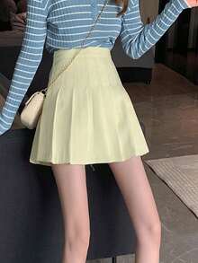 Summer Casual Solid Color Pleated Mini Skirt - Apricot - View 3