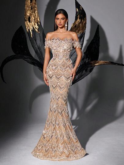 Women's Glamorous Fashion Sequin Beaded Off Shoulder Elegant Party Dress