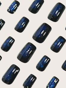 24片哥特式方形美甲贴纸套装，蓝色星空图案，金色星星点缀，中等长度，亮面，可卸美甲套装，适合女性和女孩，包含甲油胶和指甲锉。 - 綠色 - 查看 6