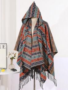 1pc Autumn/Winter Tassel Geometric Pattern Hooded Unisex Cape Shawl Outerwear For Daily Wear And Travel - Multicolor - View 17