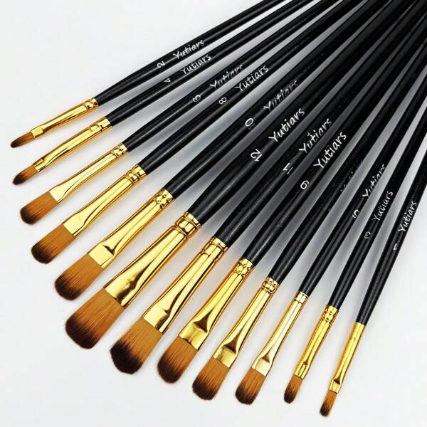 12-Pack Professional Round Brushes, Wooden Handle, Nylon Bristles, Ideal For Acrylic, Watercolor, Oil Painting, Beginners & Pros