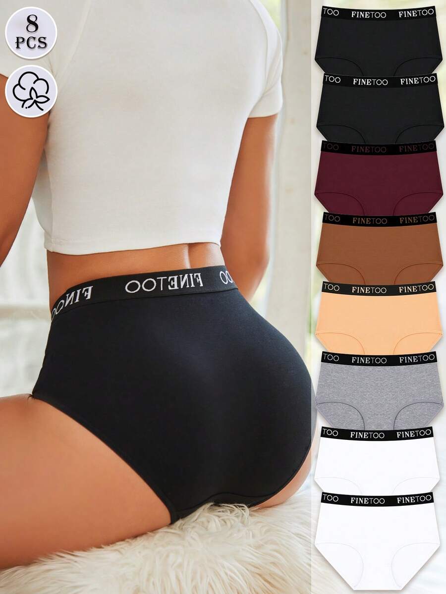 8Pcs Cotton Contrasting Belts, Fashionable And Slightly Tummy-Controlling Women's High-Waisted Briefs, Basic Women's Underwear - Nhiều màu - Xem 1