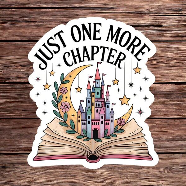 1 Stück "Nur noch ein Kapitel mehr" Buchliebhaber Schloss Mond Sterne Aufkleber, wasserfester glänzender Vinyl Aufkleber für Wasserflaschen, Laptops, Tagebücher & E-Reader, perfektes Geschenk für Buchliebhaber & Leseästhetik, magischer Fantasy Literatur Accessoire