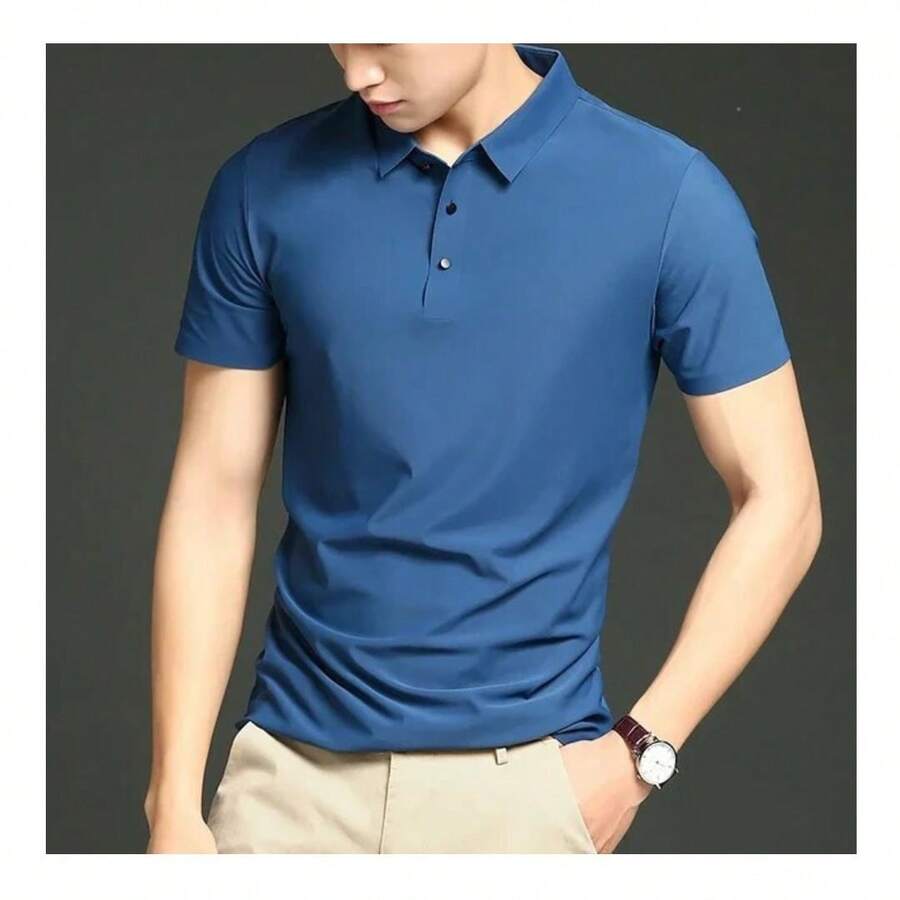 Men's Comfortable Ice Silk Polo Shirt - 藏蓝色 - 查看 1