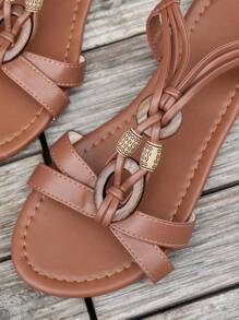 时尚舒适休闲防滑透气轻便松紧带串珠露趾女式夏季户外沙滩度假平底凉鞋 - 棕色 - 查看 6