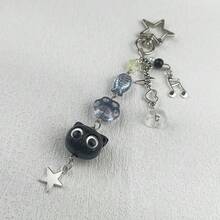 1/2pcs Minimalist Cat Chain Keychain, Cartoon Heart Shaped Metal Bag Charm, Small Cat Head Keyring - Multicolor - View 2