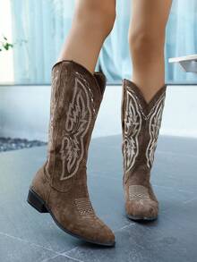 女士时尚刺绣仿麂皮咖啡棕色西部靴，尖头粗跟V领过膝长靴，别致朋克风中跟切尔西靴，户外休闲时尚正装靴 - 咖啡棕 - 查看 4