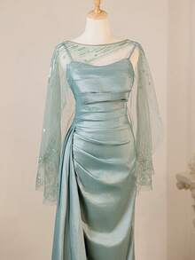 Fall Glamorous Elegant Spaghetti Strap Formal Evening Prom Wedding Guest Gown, With Draped Side,For Graduation, Dinner - Baby Blue - View 8