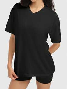 Speed mate 女士宽松圆领短袖T恤，休闲衬衫，Y2K 2024基础款T恤，夏季 - 黑色 - 查看 4