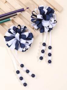2pcs Navy Blue Fluffy Pom Pom Tassel Hair Clips, Suitable For Girls, Navy Blue & White Satin Ribbon Fluffy Pom Pom Alligator Clips With Beaded Tassel, Adorable Pom Pom Flower Tassel Hair Clips, Back To School Gift, First Day Of School Hair Clips, Teens Hair Accessories - Blue and White - View 7