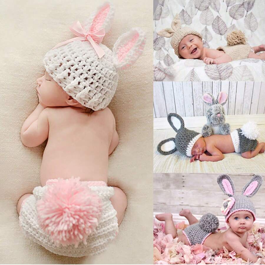 Conjunto de conejo tejido para fotografía de recién nacidos, disfraz y accesorios para sesión de fotos de bebés, regalos unisex para baby shower y Pascua para niñas/niños - Multicolor - Ver 1