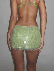 Sequins Mini Skirts Low Rise Bodycon Short Skirt Hot Girl Y2K Sparkle Skirt Women Festival Rave Club Party Holiday - màu xanh lá - Xem 4