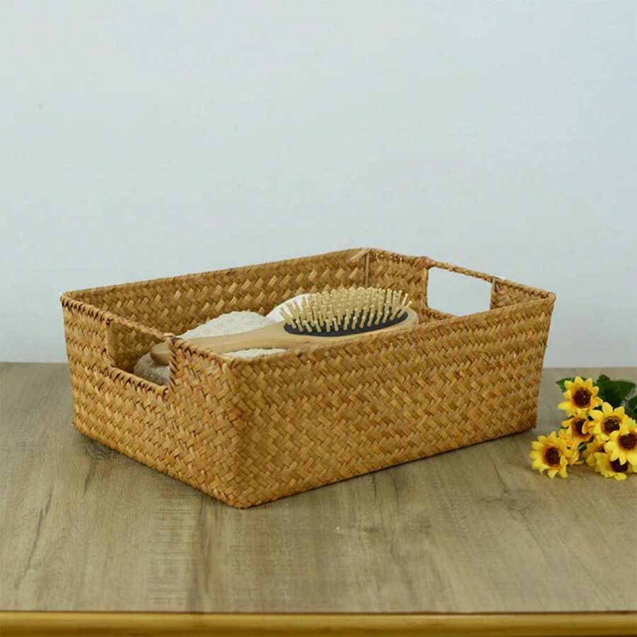 LuanQI Handmade Seaweed Basket Rectangle Wicker Basket Sundries Storage Box Household Kitchen Bathroom Organization Supplies