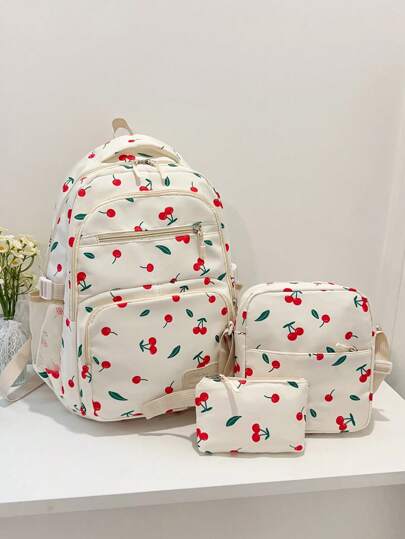Set de 3 mochilas con estampado de lazo de nailon, mochila plegable de gran capacidad con múltiples bolsillos y cremallera impermeable, adecuada para adolescentes, estudiantes de secundaria y universidad, mujeres para uso diario, ir y venir, viajes, regalo del Día de San Valentín