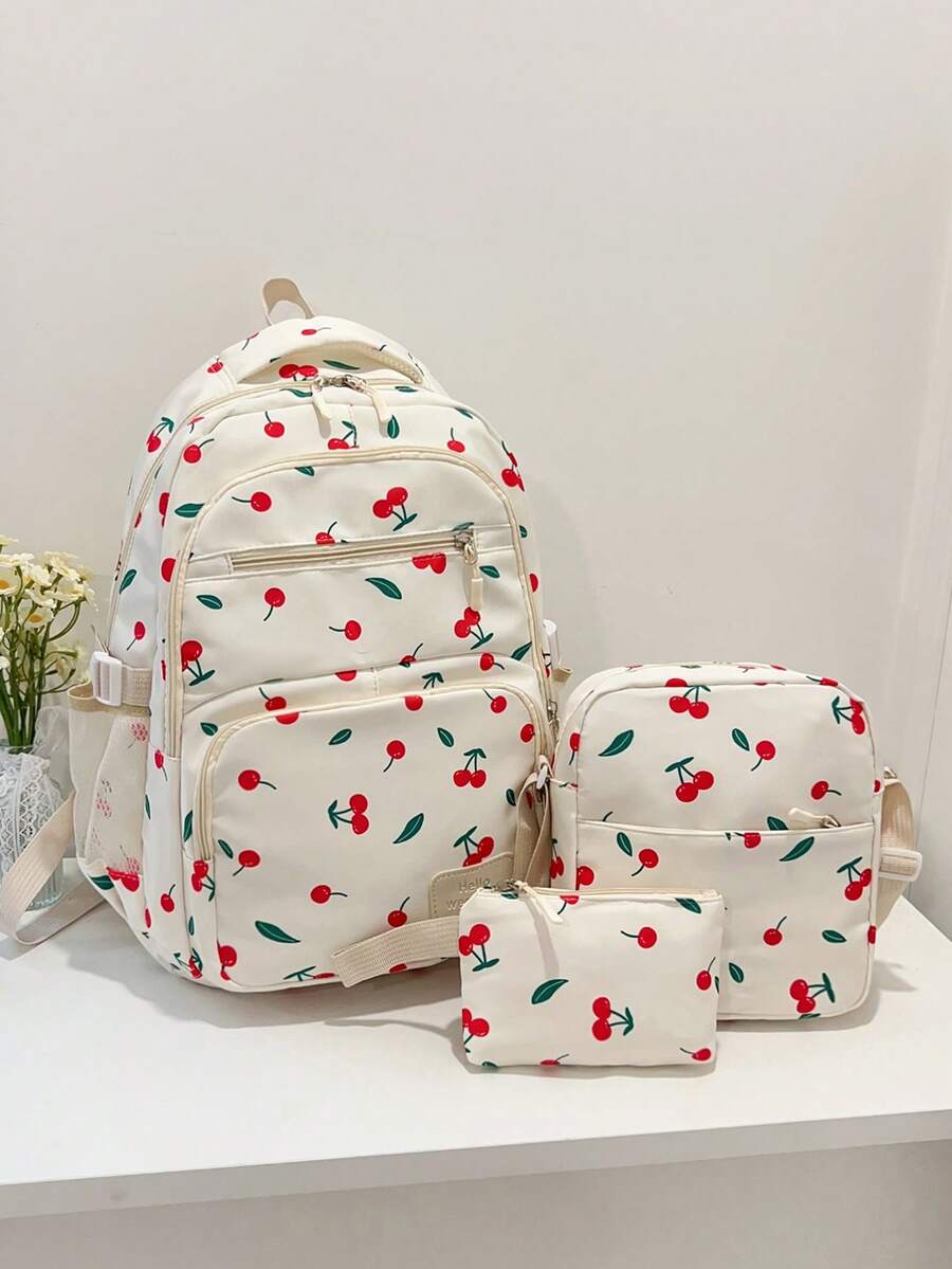 Set de 3 mochilas con estampado de lazo de nailon, mochila plegable de gran capacidad con múltiples bolsillos y cremallera impermeable, adecuada para adolescentes, estudiantes de secundaria y universidad, mujeres para uso diario, ir y venir, viajes, regalo del Día de San Valentín - Rojo - Ver 1
