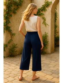 Women's Pantacourt Pants In Viscolycra Knit, Capri, Simple Casual, With Drawstring Pocket - 藏蓝色 - 查看 3