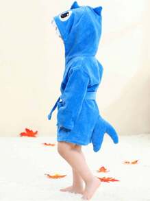 MICHLEY 儿童绿色恐龙连帽浴袍，柔软舒适，适合沐浴和游泳 - 藍色 - 查看 7