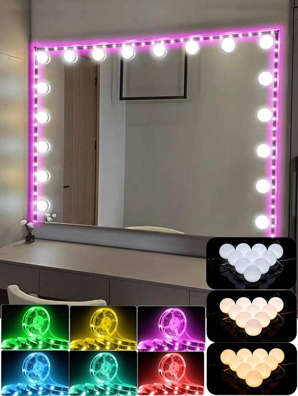 1 Conjunto Espelho de Maquiagem com Lâmpada Multicolorida de Vários Tamanhos e Faixa de Luz de 7 Cores, Espelho Decorativo Regulável e Alimentado por USB, Decoração de Quarto, Iluminação de Penteadeira, Luzes de Festa, Luzes de Fio LED, 8 Lâmpadas e 10 Lâmpadas com Faixa de Luz de 3 Metros, 12 Lâmpadas e 14 Lâmpadas e 16 Lâmpadas com Faixa de Luz de 5m