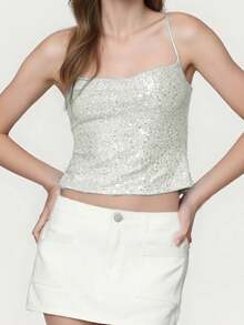 Women's Sparkle Cami Tops Sleeveless Spaghetti Strap Square Neck Sequin Camisole Party Rave Tops - White - View 4