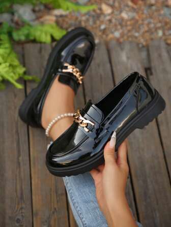 New Patchwork Leather Platform Loafers, Suitable For Daily Commute, Vacation, Shopping, Fashion, Comfortable, Versatile, Slip-On, Waterproof, Casual, Solid Color, Simple Design, Thick Sole Flats For Women