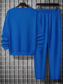 男士百搭圆领长袖运动衫和裤子套装，秋季服装 - 彩色 - 查看 3