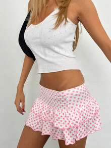 Layered Ruffle Mini Skirt For Women Summer Dots/Stripe/Heart Print/Solid Color High Waist Short Skirts - 粉色 - 查看 3