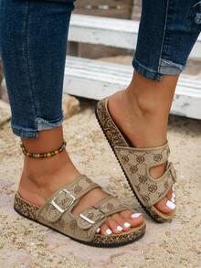 Summer Fashion Slippers, Floral Design Upper, Stylish & High-End, Buckle Design, Comfortable Women Slippers - Brown - View 2