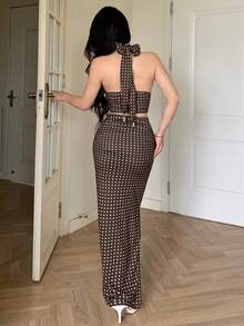 abyoxi ABYOXI Autumn New Product Brown Polka Dots Sexy Deep V-Neck Bareback Strap Short Tank Top And Slim Fold Side Seam Long Dress, Fashionable Two Pieces Set