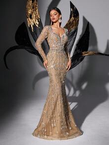 Glamorous Sequin Embellished Deep V-Neck Long Sleeve Formal Dress - Champagne - View 6