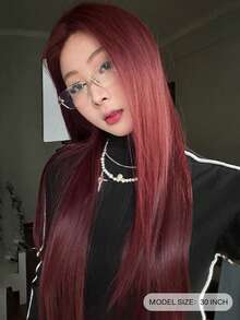 SHUDUO 额头形状蕾丝 4*1，额头蕾丝长直假发，中心分裂红色假发，半编织日常自然，时尚逼真假发（不含配件）