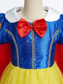 6 件套蓝黄短袖蝴蝶结女童斗篷裙、皇冠、魔杖、手套服装套装，儿童圣诞节和万圣节派对角色扮演服装 - 藍黃色 - 查看 5