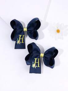 2 buah Jepit Rambut Pita Huruf Bordir untuk Kembali ke Sekolah, Aksesori Rambut Pita Inisial A-Z Warna Biru Tua untuk Anak Perempuan, Hadiah Terbaik untuk Guru dan Murid - Navy Blue - View 27