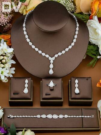 DV JEWELRY 5pcs/Set Platinum Plated Cubic Zirconia Luxury Necklace, Bracelet, Earrings, Open Ring Jewelry Set For Women, Elegant Jewelry Gift For Date, Party, Anniversary With Gift Box