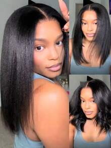 4x4 HD Yaki Straight Bob Wig Human Hair Pre Everything Glueless Lace Front Wig Pre Plucked Hairline Bleached Bye Bye Knots Ready To Go Short Yaki Bob Wig 200% Density - Natural Black - 查看 1