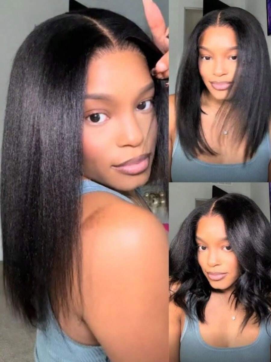 4x4 HD Yaki Straight Bob Wig Human Hair Pre Everything Glueless Lace Front Wig Pre Plucked Hairline Bleached Bye Bye Knots Ready To Go Short Yaki Bob Wig 200% Density - Natural Black - 查看 1