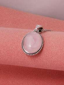 1pc Fashionable & Luxurious Oval Rose Quartz Pendant Necklace For Women - Pink - View 2
