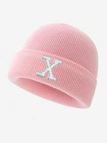1pc Women's Fashion 26 Faux Pearl Letter Decor Elastic Warm Knit Hat, Outdoor Cold-Proof Cap, Suitable For Autumn/Winter Daily Wear, Matching, Great Gift Autumn Accessories - Pink - View 23