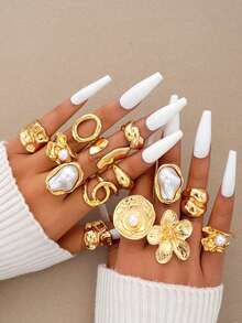 6-14pcs Fashion Punk Asymmetrical Chunky Floral Baroque Faux Pearl Gold Tone Ring Set For Women, Suitable For Holiday, Date, Party, Gift, Daily Wear (No Box) - Yellow Gold - View 10
