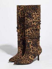 Fall/Winter 2025 Women's Fashionable Hot Selling Pointed Toe Pleated High Heel Suede & Leather Knee-High Slip On Boots, Black,Sexy,Kitten Heels,Party Outfits - Black Spot Color - View 7