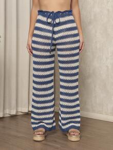 Women's Beach Cover-Up Pants, Crochet, Striped, Knitting, Summer Fashion - Blue - View 3