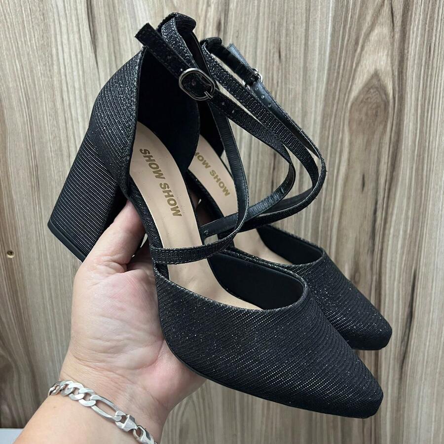 Women's Pumps, Cross Straps, High Heels, 8 Cm, Thick, Elegant Shine, Original Show Show - 黑色光澤 - 查看 1