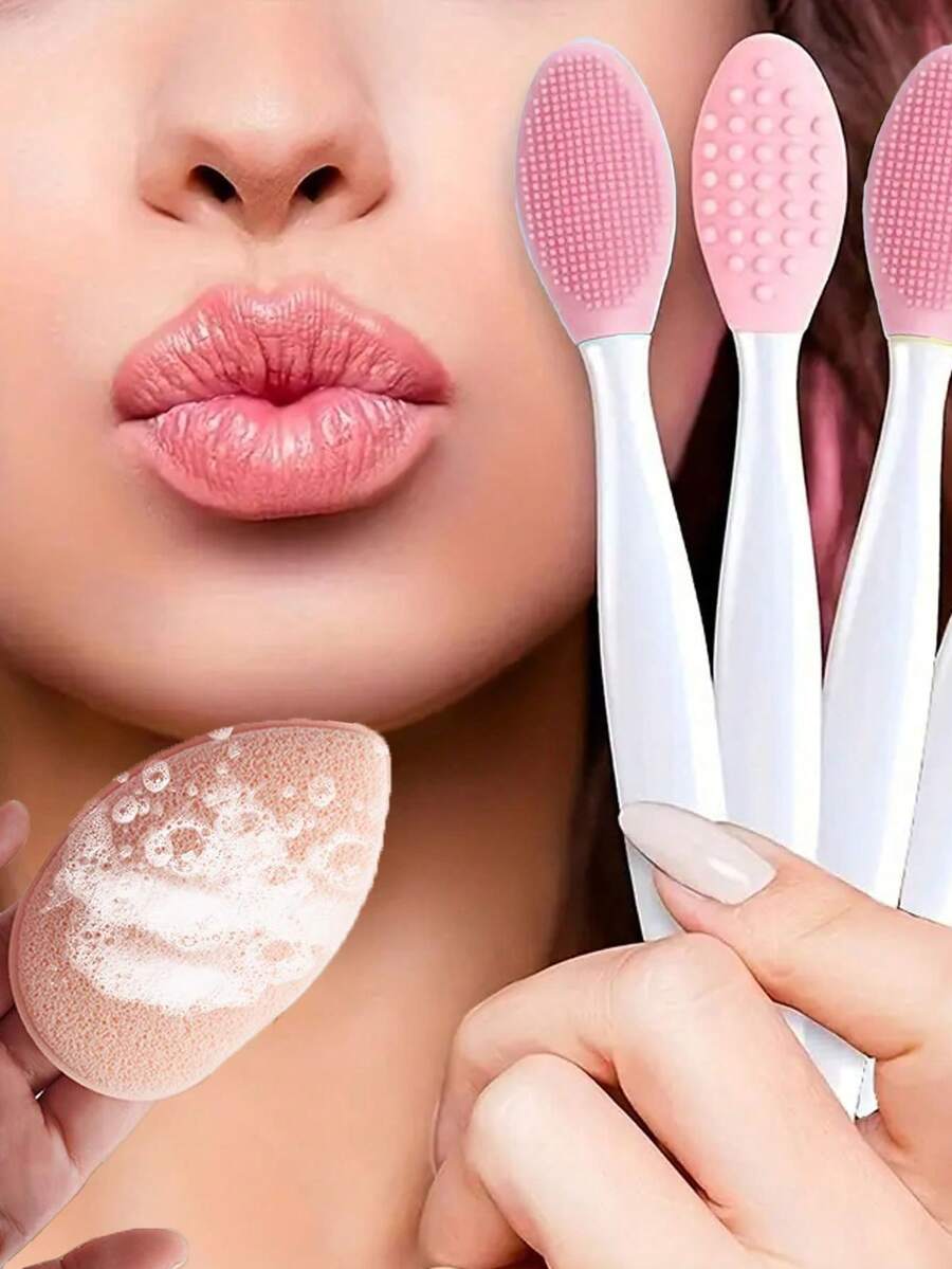 10件/5件/1件升级版双面硅胶黑头刷，硅胶鼻刷搭配加大洁面海绵，深层清洁，黑头和瑕疵去除工具，洗脸按摩两用，便携亲肤（适合敏感肌肤），鼻翼清洁按摩刷，温和去角质，深层毛孔清洁剂，黑头提取伴侣，旅行必备，洁面工具