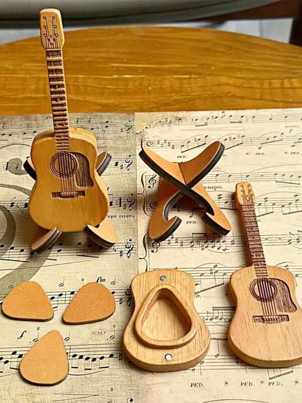 1 pieza Caja para púas de guitarra, estuche con forma de guitarra de madera con 3 púas de guitarra, adecuado para guitarra, bajo, ukelele y otros instrumentos, set de accesorios de madera natural, atril para ukelele, soporte para guitarra, púa