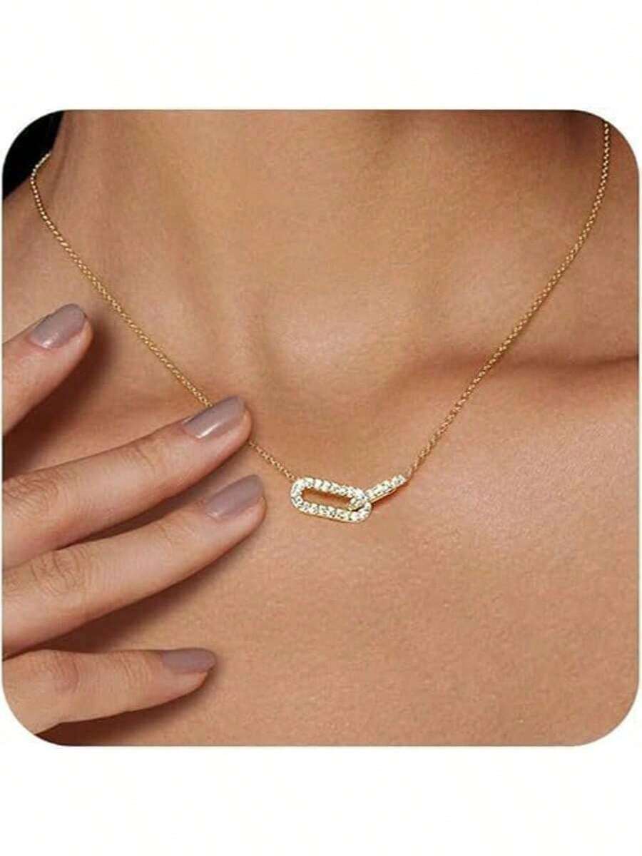 1 件铜合金镶嵌锆石吊坠项链，优雅金项链/戒指，可爱简约回形针项链，适合送给女孩的礼物 - 迴型針 - 查看 1