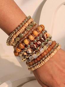 12pcs/Set Bohemian Style Brown Beaded Bracelets, Suitable For Women Vacation, Beach & Daily Wear - S-395 Màu hổ phách, hình tròn và phẳng - Xem 2