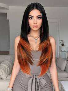 Tóc giả thẳng dài màu cam nổi bật màu đen thanh lịch dài 26 inch, thiết kế nhiều lớp, chân thực và tự nhiên, dễ chăm sóc, tóc giả dự tiệc hàng ngày dành cho phụ nữ, tóc giả nhập vai Halloween, sợi tổng hợp chịu nhiệt, phù hợp với mọi chủng tộc, tạo kiểu đa năng - trái cam - Xem 1