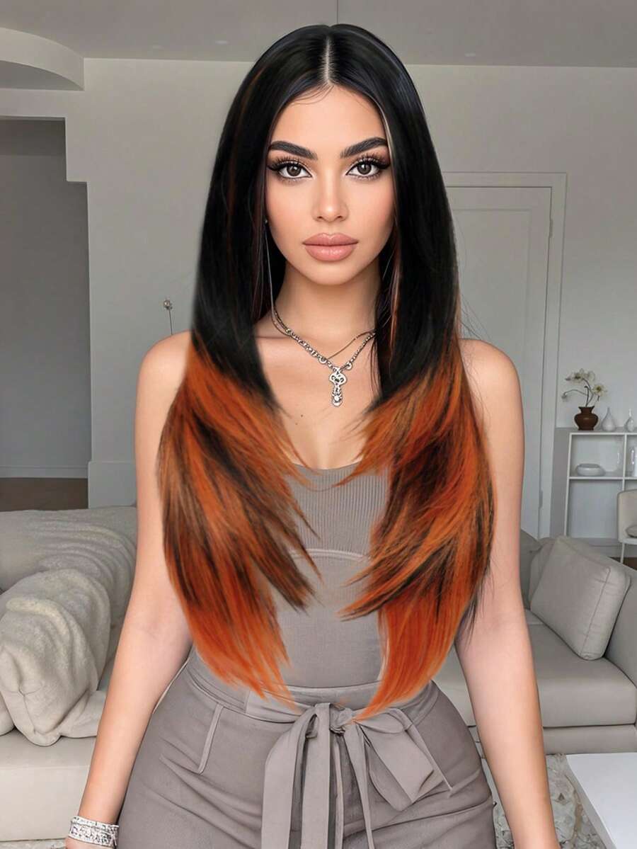 Tóc giả thẳng dài màu cam nổi bật màu đen thanh lịch dài 26 inch, thiết kế nhiều lớp, chân thực và tự nhiên, dễ chăm sóc, tóc giả dự tiệc hàng ngày dành cho phụ nữ, tóc giả nhập vai Halloween, sợi tổng hợp chịu nhiệt, phù hợp với mọi chủng tộc, tạo kiểu đa năng - trái cam - Xem 1